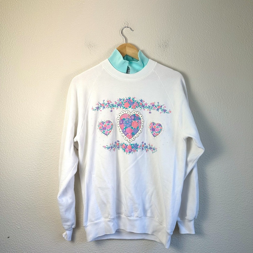 Gopher Sport Sweatshirt Womens L White Good Floral Heart Mock Neck Vintage 90s